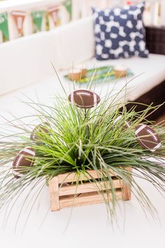 a planter filled with footballs sitting on top of a white table next to a couch