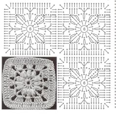 two crocheted squares are shown with the same pattern on each side, and one has