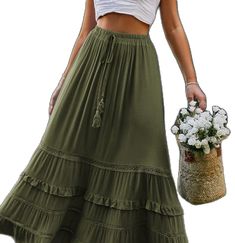 Flowy Wide Leg Skirt With Ruffles, Flowy Ruffled Maxi Skirt, Bohemian Ruffled Skirt In Solid Color, Solid Color Bohemian Ruffled Skirt, Solid Bohemian Ruffled Skirt, Solid Color Ruffled Maxi Skirt, Green Tiered Ruffle Maxi Skirt, Green Flowy Bohemian Skirt, Bohemian Green Tiered Skirt