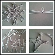 four pictures of different shapes and sizes of snowflakes with strings attached to them