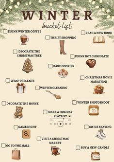 the winter bucket list is shown with christmas items and other things to put in it