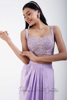 Lavender Color Dhoti with Hand-embroidered Crop Top – Panache Haute Couture Lavender Sets With Intricate Embroidery For Festive Occasions, Elegant Lavender Choli For Festive Occasions, Elegant Lavender Festive Sets, Festive Lavender Sets With Intricate Embroidery, Elegant Festive Lavender Sets, Elegant Lavender Sets For Festive Occasions, Lavender Sets With Zari Work In Traditional Drape, Party Silk Palazzo Set With Dori Work, Silk Palazzo Set With Dori Work For Party