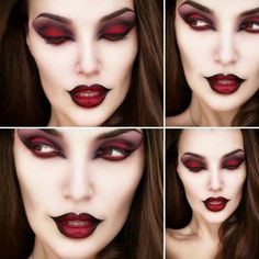 Vampire Makeup For Women, Scary Little Red Riding Hood Makeup, Queen Of Hell Costume, Devil Make Up Women, Demon Makeup Female, Scary Vampire Makeup, Demon Halloween Makeup, Vampiress Makeup, Devil Makeup Halloween