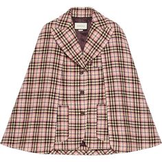 Pink/Multicolour Wool-Mohair Blend Convertible Houndstooth Cape From Gucci Featuring Houndstooth Pattern, Front Button Fastening, Peak Lapels And Multiple Patch Pockets. Monogram Throw Blanket, Gucci Tweed, Gucci Jackets, Velvet Cape, Gucci Jacket, Tweed Vest, Houndstooth Coat, Wool Poncho, Wool Cape