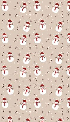 a snowman wearing a santa hat and scarf on a beige background with silver stars