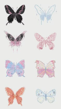 six different colored butterflies are shown in this drawing style, each with different colors and sizes