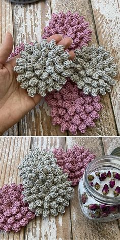 crocheted flowers are shown in two different colors and the petals have been placed on top of each other