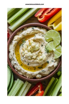 Bowl of creamy cauliflower dip garnished with herbs and lime slices, surrounded by fresh vegetable sticks. Avocado Snack Recipes, Avocado Dip Recipe, Avocado Snack, Creamy Mashed Cauliflower