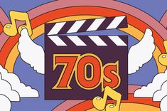 the 70's movie logo with clouds and rainbows in the background, as well as an image of a clapper