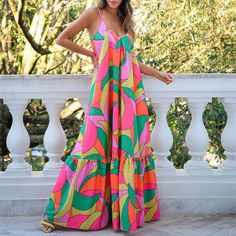 F00178689-113 Suspenders Fashion, فستان زهري, Bohemian Floral Dress, Mode Prints, Cami Maxi Dress, Colorful Dress, Printed Halter Dress, Spaghetti Strap Maxi Dress, Boho Geometric