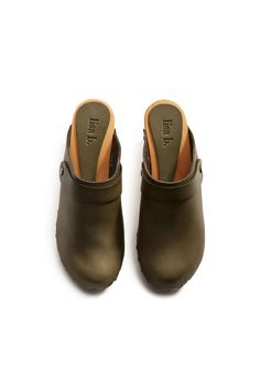 classic high heel clog in olive leather | lisa b. High Heel Clogs, Knit Loungewear, Cashmere Socks, Clog Heels, Leather High Heels, Classic Leather, Wardrobe Staples, High Heel, Timeless Design