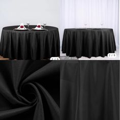 the table is covered with black cloths and has two plates on top of it