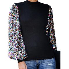 Elevate your style with the Anna-Kaci Women's Sequin Puffed Long Sleeve Mock Neck Pullover, a fashionable and elegant top adorned with glittering sequins. Perfect for parties, holidays, dates, Christmas, concerts, and any special event, this pullover adds a touch of glamour to any outfit. Lantern Sleeve Top, Lantern Sleeved Blouses, Sequin Sleeve, Top Streetwear, Turtle Neck Top, Lantern Sleeve, Sequin Top, Casual Blouse, Fashion Colours