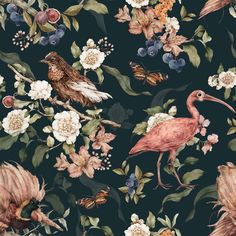 a floral wallpaper with birds and flowers