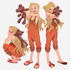 three cartoon girls holding teddy bears in their hands