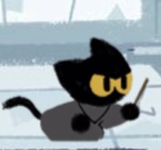 a black cat with yellow eyes is holding a hockey stick