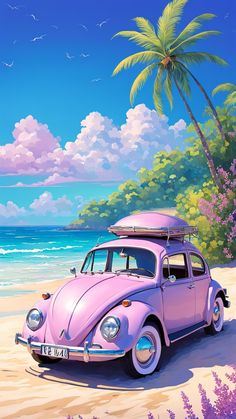 a painting of a pink vw bug on the beach