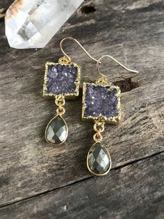 Amethyst Druzy Earrings Pyrite Earrings Druzy Quartz | Etsy Pyrite Earrings, Gemstone Earrings Gold, Gold Dangle Earrings, Druzy Earrings, Druzy Quartz, Quartz Jewelry, Gemstone Jewellery, Etsy Earrings Dangle, Gold Earrings Dangle