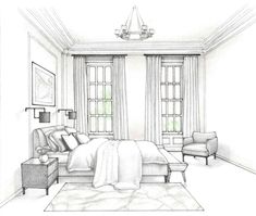 a drawing of a bedroom with a bed and two chairs