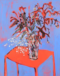 a painting of flowers in a vase on an orange table with blue and red background