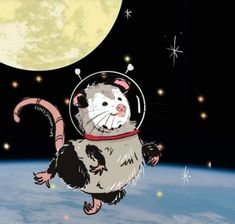 an animal wearing a space suit floating in the air with stars around him and a full moon behind it