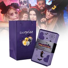 a purple shopping bag with halloween pictures on it