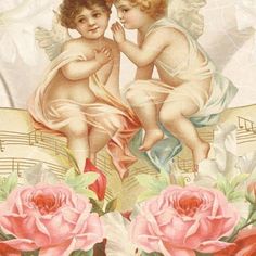 two cherubs sitting next to each other on top of sheet music with roses