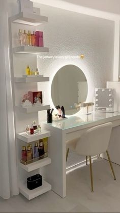 there is a vanity with a mirror and shelves in the room that has bottles on it