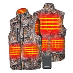 a vest with an orange and yellow design on the front, next to a speaker