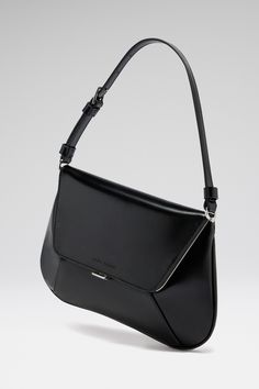 Designer Black Baguette Bag For Business, Modern Formal Satchel With Magnetic Closure, Elegant Black Flap Bag With Double Handle, Classic Black Baguette Bag With Removable Pouch, Formal Black Baguette Bag With Detachable Handle, Formal Black Baguette Bag With Detachable Strap, Elegant Structured Flap Bag For Formal Occasions, Modern Formal Shoulder Flap Bag, Black Double Handle Baguette Bag For Formal Occasions