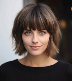 Short Layered Bob With Bangs Fine Hair, Heavy Bangs Short Hair, Caramel Hair Color Ideas, Caramel Hair Color, Short Hairstyles For Older Women, Chin Length Haircuts, Hairstyles For Older Women, Bob Hairstyles With Bangs, Choppy Bob Hairstyles