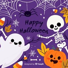 halloween background with skeletons and pumpkins in flat design style on purple backdrop for greeting card or poster