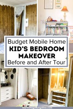 before and after comparisons of a mobile home bedroom makeover text reads - budget mobile home kids bedroom makeover before and after tour Bedroom Renovation Before And After, Mobile Home Bedroom, Single Wide Mobile Home, Bedroom Makeover Before And After, Kids Bedroom Makeover, Remodel Mobile Home, Kids Budget, Mid Century Modern Farmhouse, Bedroom Makeover Ideas