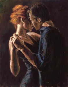 a painting of two people embracing each other