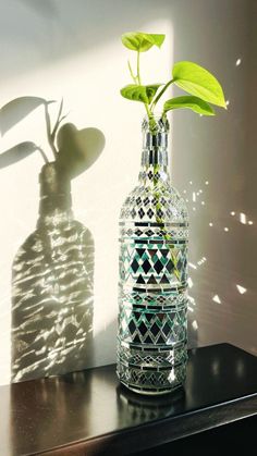 a vase with a plant in it sitting on a table next to a shadow cast wall