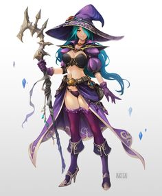 a woman dressed as a witch holding a wand and wearing a purple outfit with long blue hair