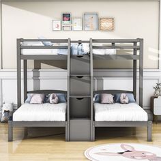 the bunk beds are made up in two different styles and colors, each with their own stuffed animal