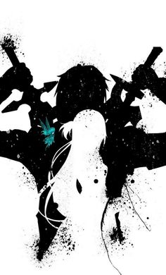 the silhouettes of two people in black and white with blue paint splatters