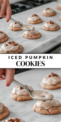 iced pumpkin cookies with white icing being spooned into the cookie on a baking sheet