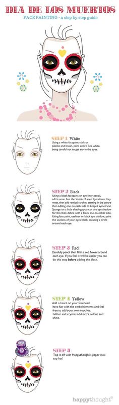 De Los Muertos Costume Ideas, Sugar Skull Tutorial, Step By Step Skull Makeup, Katrina Face Painting, Diy Sugar Skull Makeup, Easy Day Of The Dead Makeup Diy, Sugar Skull Makeup Tutorial Step By Step, Easy Day Of The Dead Makeup, Sugar Skull Costume Outfit Diy