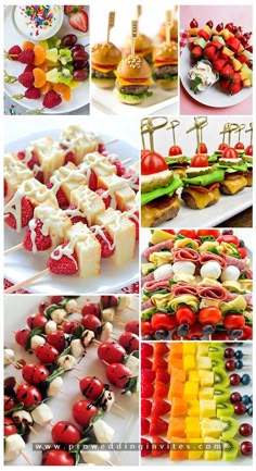 many different pictures of food that include sandwiches, fruit and veggie skewers