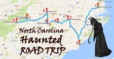 a map with the words north carolina named road trip on it and an image of a wizard