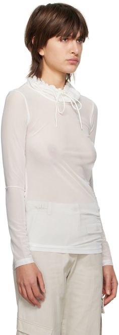 Semi-sheer stretch nylon mesh turtleneck. · Drawstring at turtleneck · Asymmetric hem Supplier color: White Mesh Turtleneck, Asymmetric Hem, Luxury Streetwear, Color White, Turtle Neck, Street Wear, Perfect Clothing, Mesh, Outfit Accessories