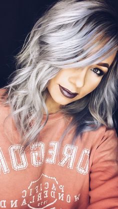 Grey Silver Bayalage Hair, Titanium Silver Hair, Smoky Silver Hair Color, Silver Hair With Dark Underneath, Silver Hair Color Ideas For Brunettes, Silver Hair Purple Highlights, Metallic Hair Color Grey Silver, Silver Bayalage Hair Short, Brown Hair To Silver