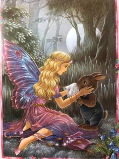 a painting of a fairy holding a rabbit in her lap and sitting on the ground