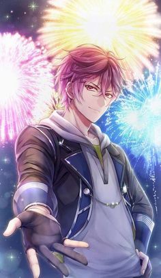 an anime character holding his hand out to the side with fireworks in the sky behind him