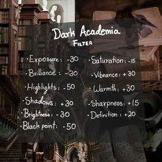 a poster with the dates and times for dark acadenia theater in front of bookshelves