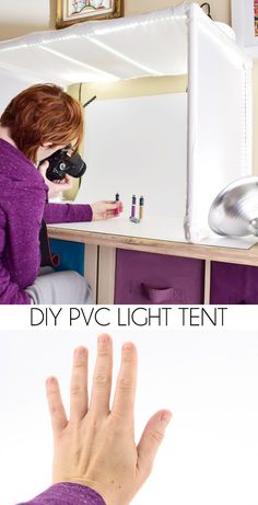 a woman with her hand up in front of a mirror and the words diy p vc light tent