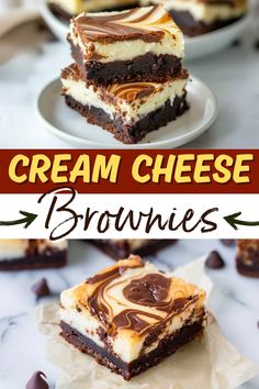 two pieces of cream cheese brownies on top of each other