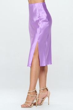 Elevate your wardrobe with this dreamy lavender midi skirt! Featuring an elastic waist and a stylish slit, this satin stunner is sure to make you look classy AF while you remain comfortable. Make your escape from the mundane in this must-have look! 4390SK Mid Skirt, Look Classy, The Mundane, Satin Midi Skirt, Satin Skirt, Must Haves, Midi Skirt, Elastic Waist, Ballet Skirt